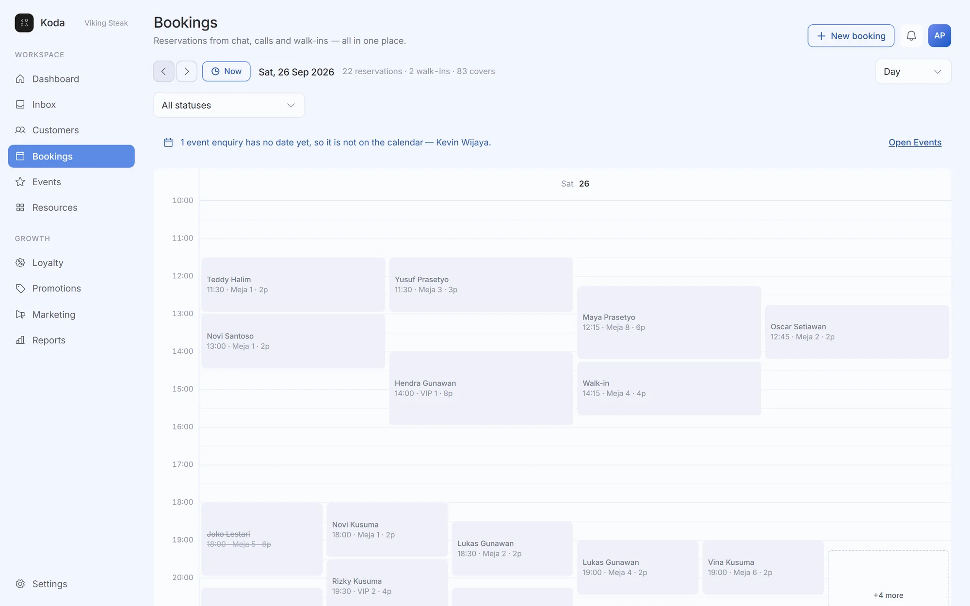 The Koda bookings calendar, day view